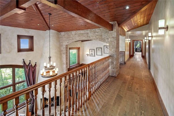 Chandelier, Interior, Recessed Lighting, Stone Walls, Wooden Beams, Wooden Ceilings, Wood Texture Flooring