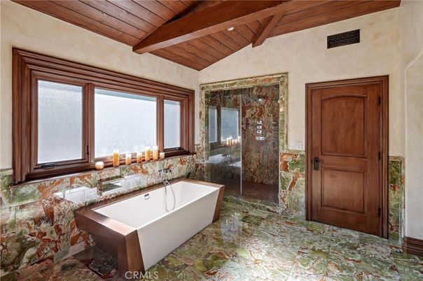 Bathroom, Free Standing Baths, Glass Shower, Interior, Recessed Lighting, Wooden Beams, Wooden Ceilings