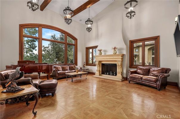 Fireplace, Interior, Living room, Pendant Lights, Piano, Wooden Beams, Wood Texture Flooring