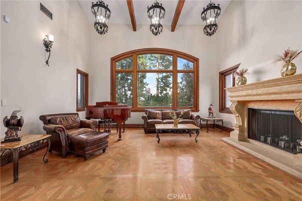 Fireplace, Interior, Living room, Pendant Lights, Piano, Wooden Beams, Wood Texture Flooring