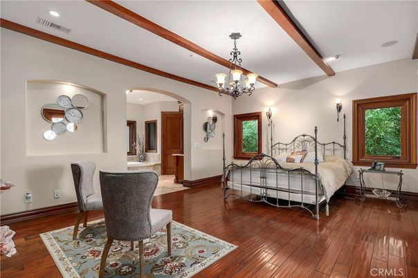 Bedroom, Chandelier, Interior, Recessed Lighting, Wooden Beams, Wood Texture Flooring
