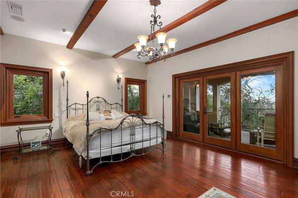 Bedroom, Chandelier, Interior, Wooden Beams, Wood Texture Flooring