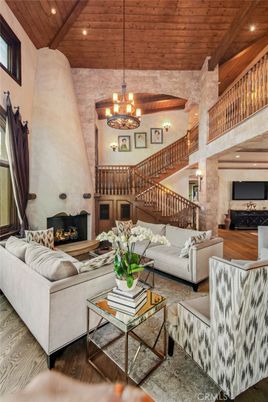 Fireplace, Interior, Living room, Pendant Lights, Recessed Lighting, Stone Walls, Wooden Beams, Wooden Ceilings, Wood Texture Flooring