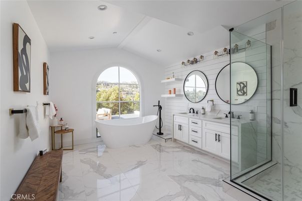 Bathroom, Dual Sink Vanities, Free Standing Baths, Glass Shower, Interior, Marble, Marble Walls, Recessed Lighting