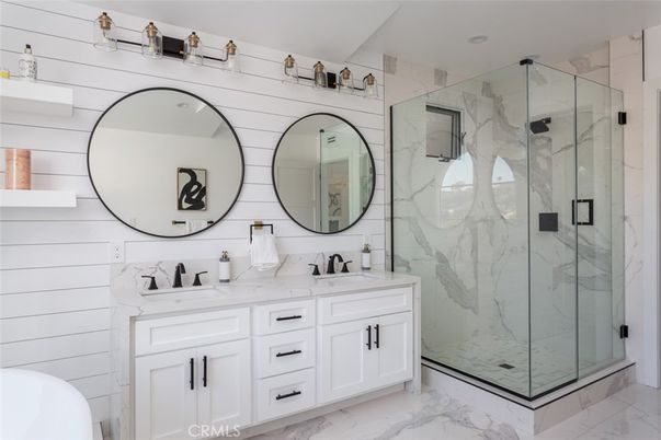 Bathroom, Dual Sink Vanities, Glass Shower, Interior, Marble, Marble Walls