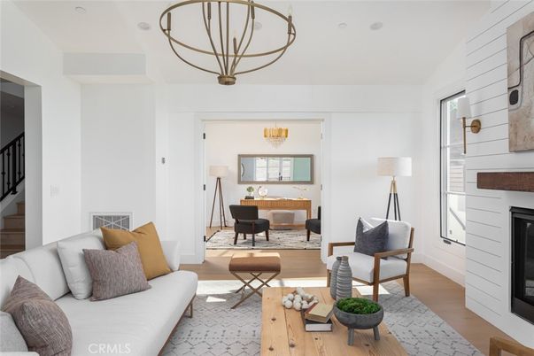 Fireplace, Interior, Living room, Pendant Lights, Wood Texture Flooring