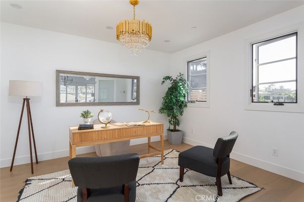 Chandelier, Home Office, Interior, Recessed Lighting, Wood Texture Flooring