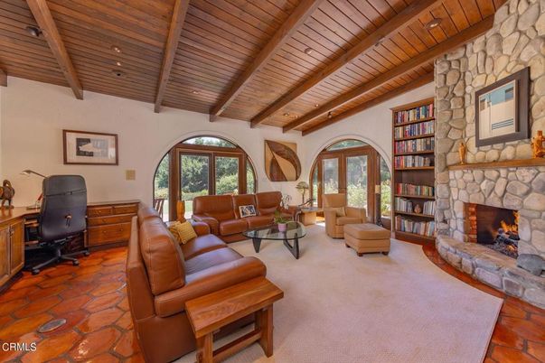 Fireplace, Interior, Living room, Recessed Lighting, Stone Walls, Wooden Beams, Wooden Ceilings