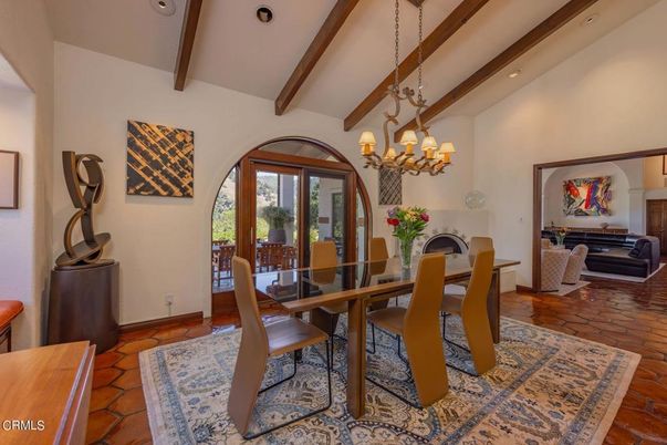 Chandelier, Dining room, Fireplace, Interior, Recessed Lighting, Wooden Beams