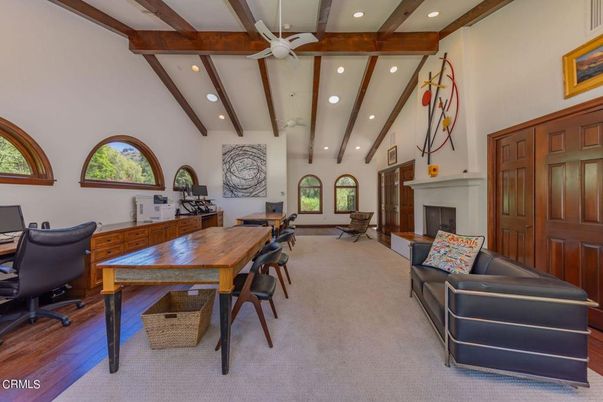 Fireplace, Home Office, Interior, Recessed Lighting, Wooden Beams, Wood Texture Flooring