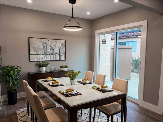 Dining room, Interior, Pendant Lights, Recessed Lighting, Wood Texture Flooring