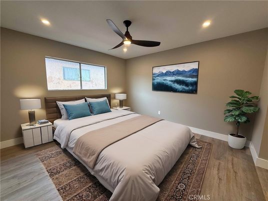 Bedroom, Interior, Recessed Lighting, Wood Texture Flooring
