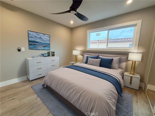 Bedroom, Interior, Recessed Lighting, Wood Texture Flooring