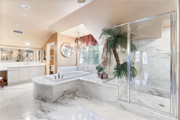 Bathroom, Chandelier, Glass Shower, Interior, Marble, Recessed Lighting