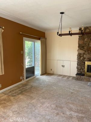 Empty room, Fireplace, Interior, Pendant Lights, Stone Walls
