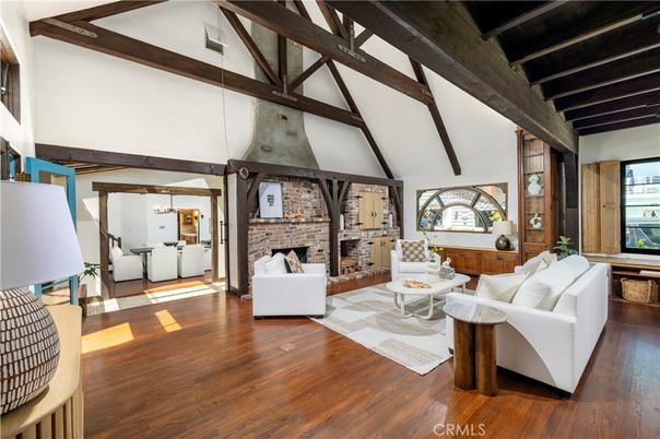 Fireplace, Interior, Living room, Pendant Lights, Stone Walls, Wooden Beams, Wood Texture Flooring