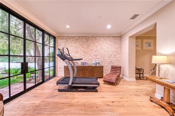 Fitness Equipment, Interior, Recessed Lighting, Stone Walls, Wood Texture Flooring