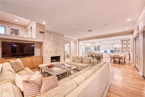 Dining room, Fireplace, Interior, Kitchen, Living room, Pendant Lights, Recessed Lighting, Stone Walls, Wood Texture Flooring