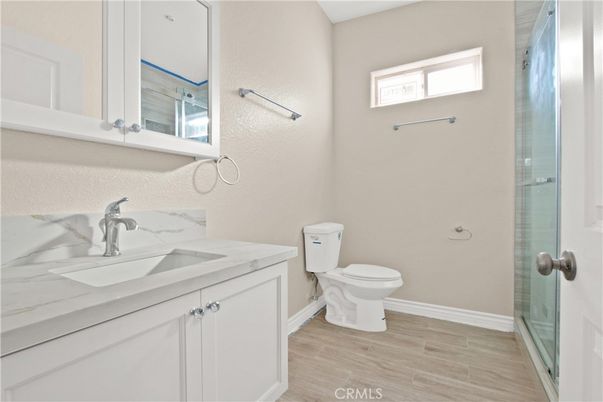 Bathroom, Glass Shower, Interior, Wood Texture Flooring
