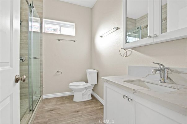 Bathroom, Glass Shower, Interior, Wood Texture Flooring