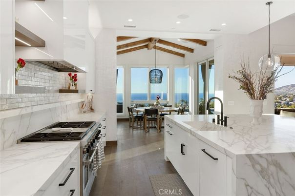 Dining room, Interior, Kitchen, Pendant Lights, Recessed Lighting, Water, Wooden Beams, Wood Texture Flooring