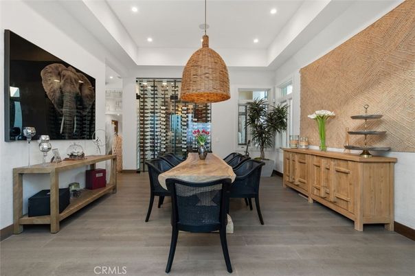 Dining room, Interior, Pendant Lights, Recessed Lighting, Wine Storage, Wood Texture Flooring