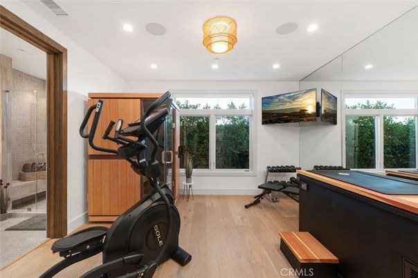 Billiard Table, Fitness Equipment, Game Room, Interior, Recessed Lighting, Wood Texture Flooring