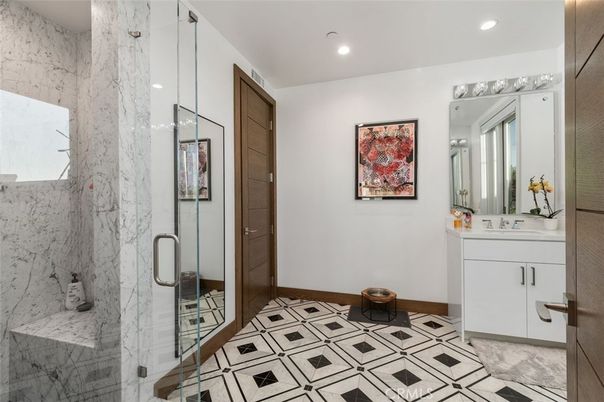 Bathroom, Glass Shower, Interior, Marble Walls, Recessed Lighting