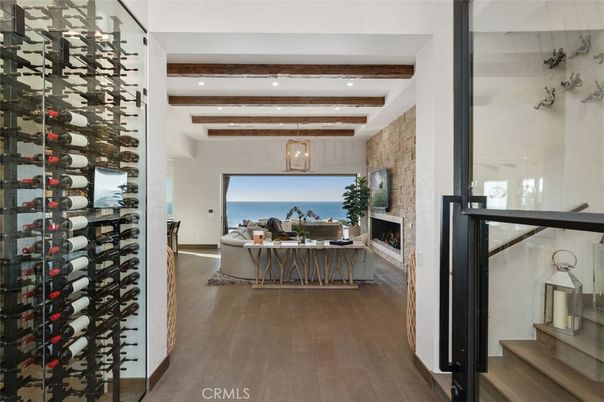 Fireplace, Interior, Recessed Lighting, Stone Walls, Water, Wine Storage, Wooden Beams, Wood Texture Flooring