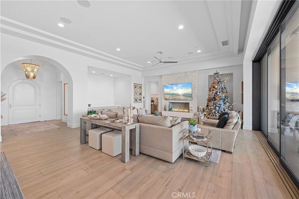 Fireplace, Interior, Living room, Recessed Lighting, Wood Texture Flooring