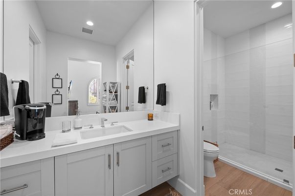 Bathroom, Glass Shower, Interior, Recessed Lighting, Wood Texture Flooring