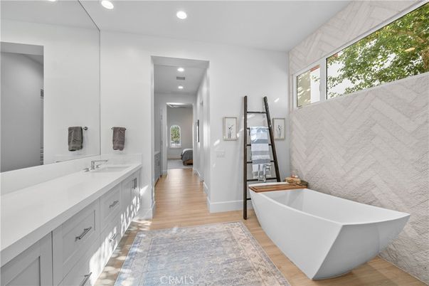 Bathroom, Dual Sink Vanities, Free Standing Baths, Interior, Recessed Lighting, Wood Texture Flooring