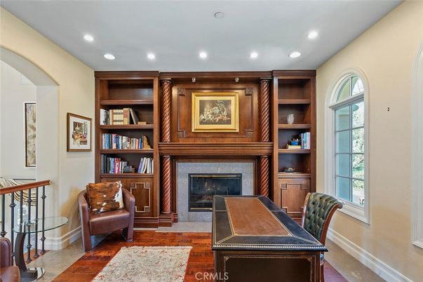 Fireplace, Home Office, Interior, Recessed Lighting, Wood Texture Flooring