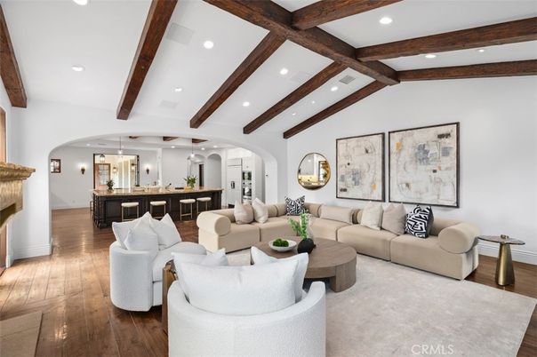 Fireplace, Interior, Living room, Pendant Lights, Recessed Lighting, Wooden Beams, Wood Texture Flooring
