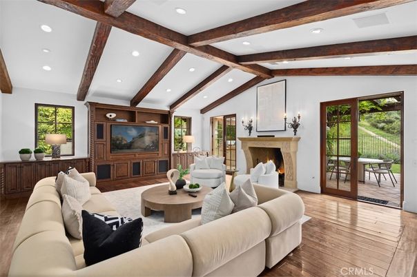 Fireplace, Interior, Living room, Recessed Lighting, Wooden Beams, Wood Texture Flooring