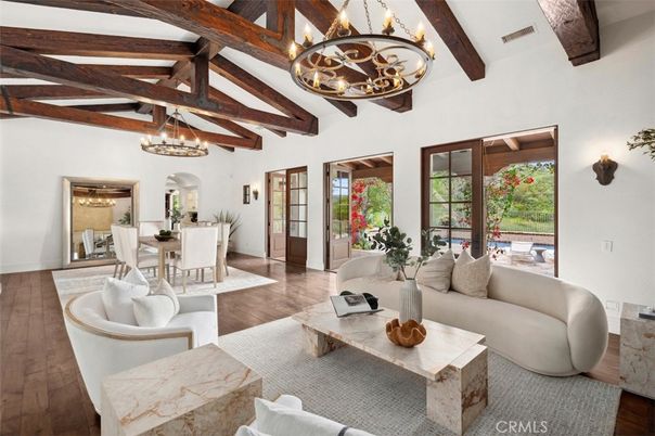 Chandelier, Dining room, Interior, Living room, Wooden Beams, Wood Texture Flooring
