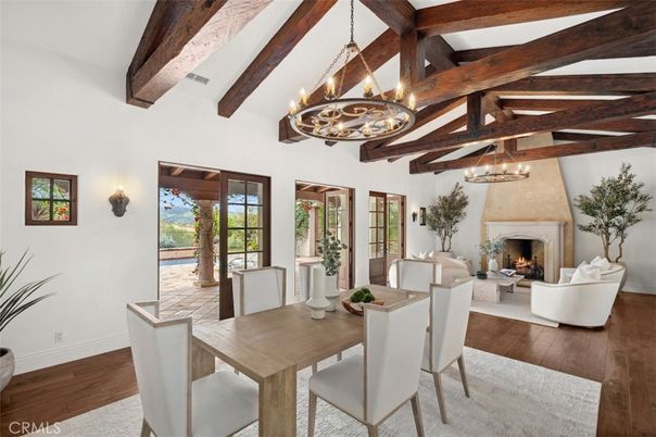 Chandelier, Dining room, Fireplace, Interior, Living room, Pendant Lights, Wooden Beams, Wood Texture Flooring