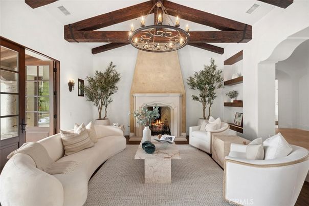 Chandelier, Fireplace, Interior, Living room, Wooden Beams, Wood Texture Flooring