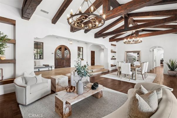 Chandelier, Dining room, Interior, Living room, Wooden Beams, Wood Texture Flooring