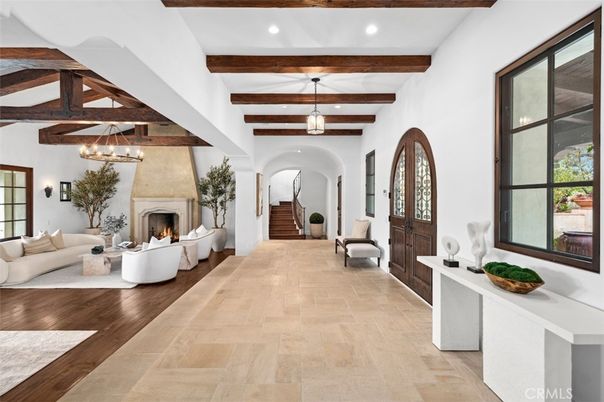 Fireplace, Interior, Living room, Pendant Lights, Recessed Lighting, Wooden Beams, Wood Texture Flooring