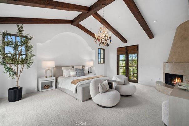 Bedroom, Chandelier, Fireplace, Interior, Recessed Lighting, Wooden Beams