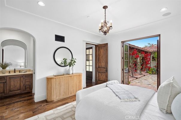 Bedroom, Chandelier, Interior, Recessed Lighting, Wood Texture Flooring