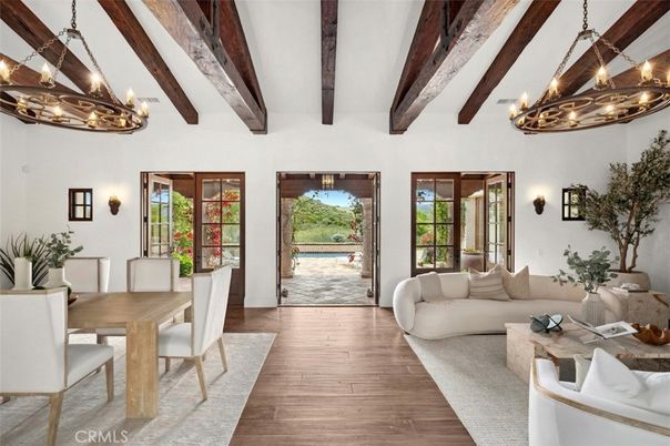 Chandelier, Dining room, Interior, Living room, Wooden Beams, Wood Texture Flooring