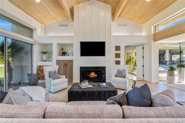 Fireplace, Interior, Living room, Recessed Lighting, Wooden Ceilings, Wood Texture Flooring