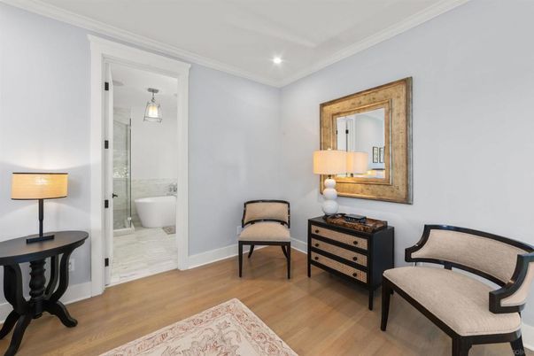 Bathroom, Free Standing Baths, Glass Shower, Interior, Recessed Lighting, Wood Texture Flooring
