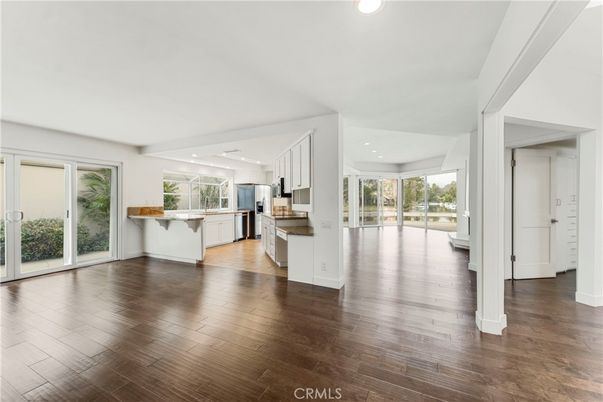 Empty room, Interior, Kitchen, Recessed Lighting, Wood Texture Flooring