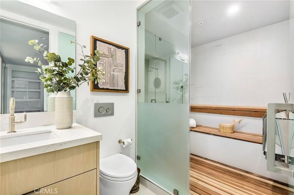 Bathroom, Glass Shower, Interior, Wood Texture Flooring