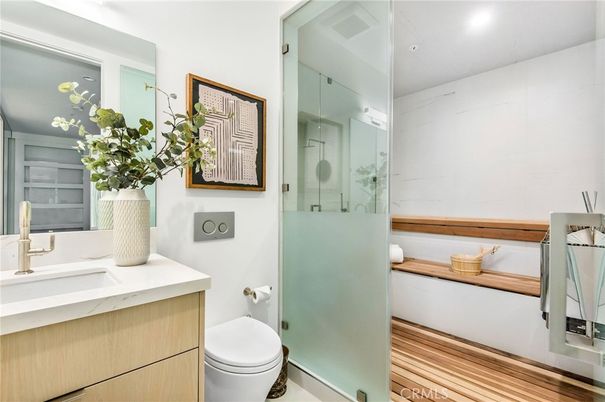 Bathroom, Glass Shower, Interior, Wood Texture Flooring