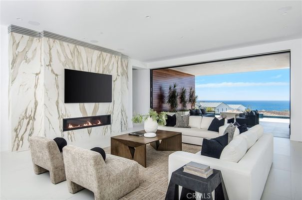 Fireplace, Interior, Living room, Marble Walls, Recessed Lighting, Water