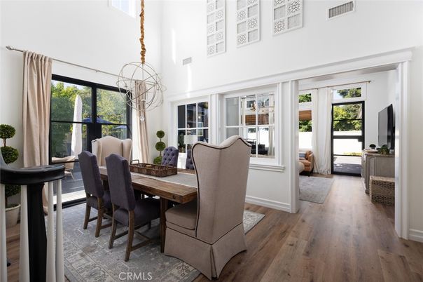 Chandelier, Dining room, Interior, Wood Texture Flooring